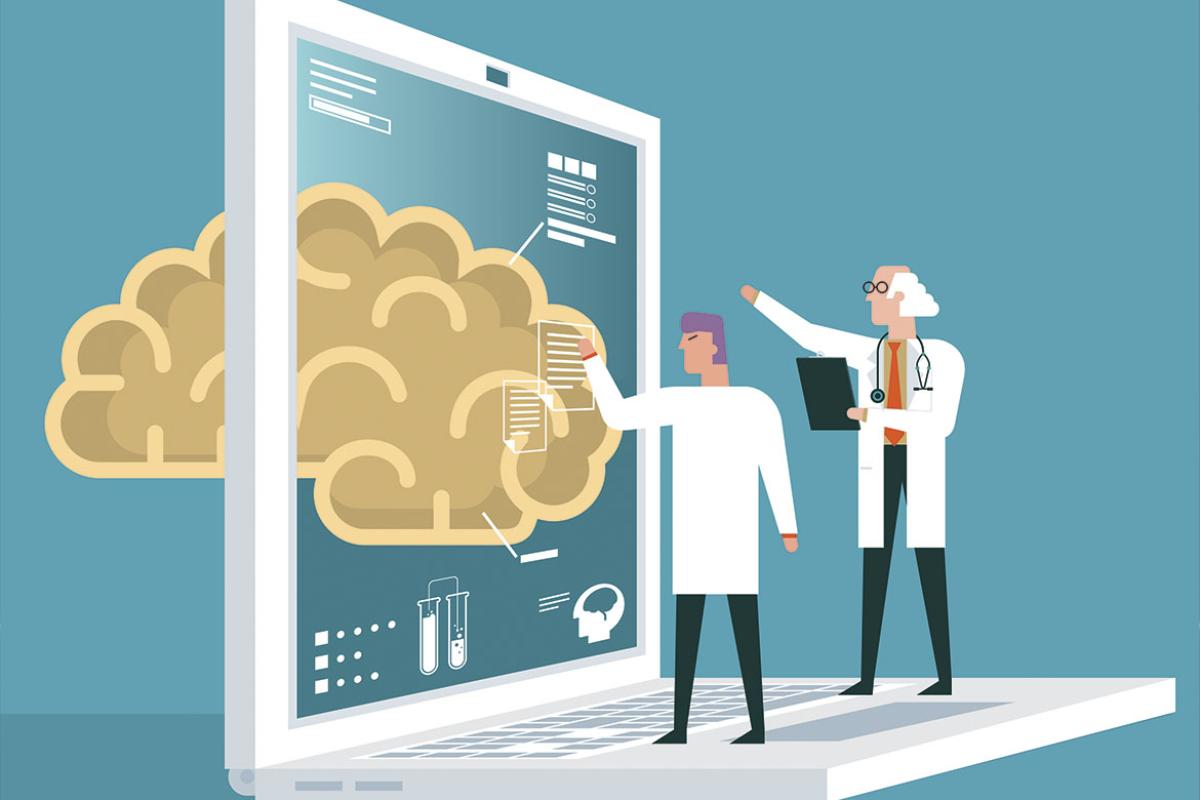 Two doctors inspect a giant brain on a computer screen