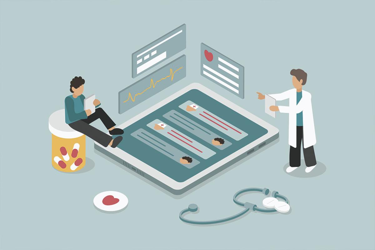 Physician and patient look over data surrounded by health care icons