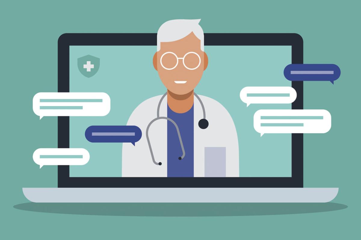 Doctor on a laptop screen surrounded by text messages