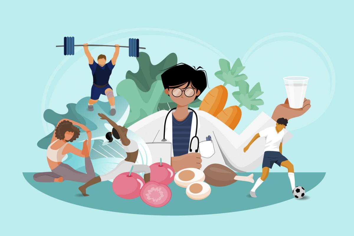 Doctor surrounded by figures engaged in healthy habits and exercising