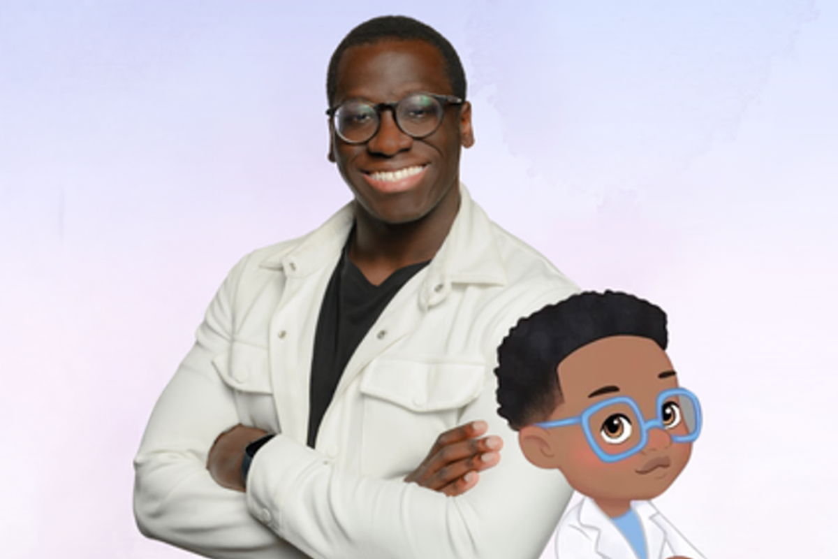 Joel Bervell, MD, with his “The Doctor is In” show’s animated lead