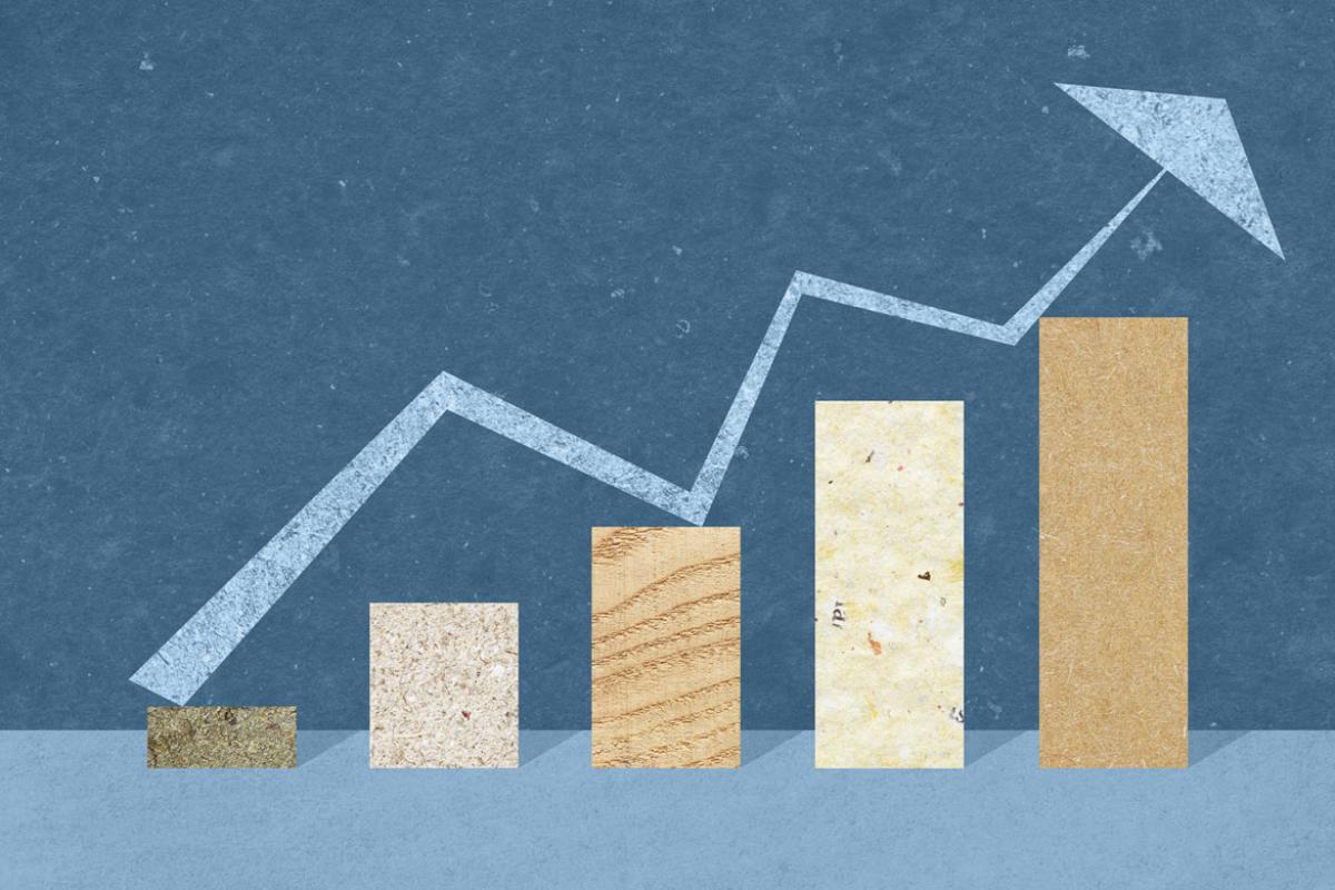 A rising bar graph with a zigzag arrow