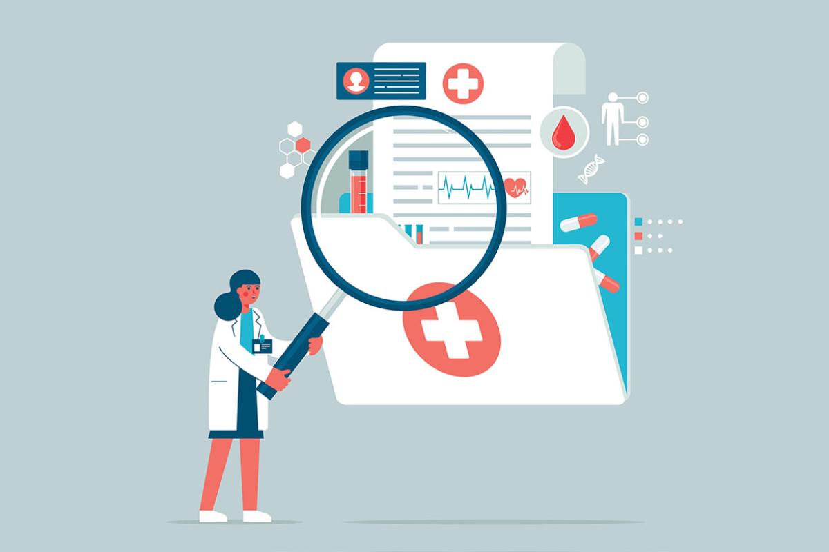 Figure examines health care documents with a giant magnifying glass