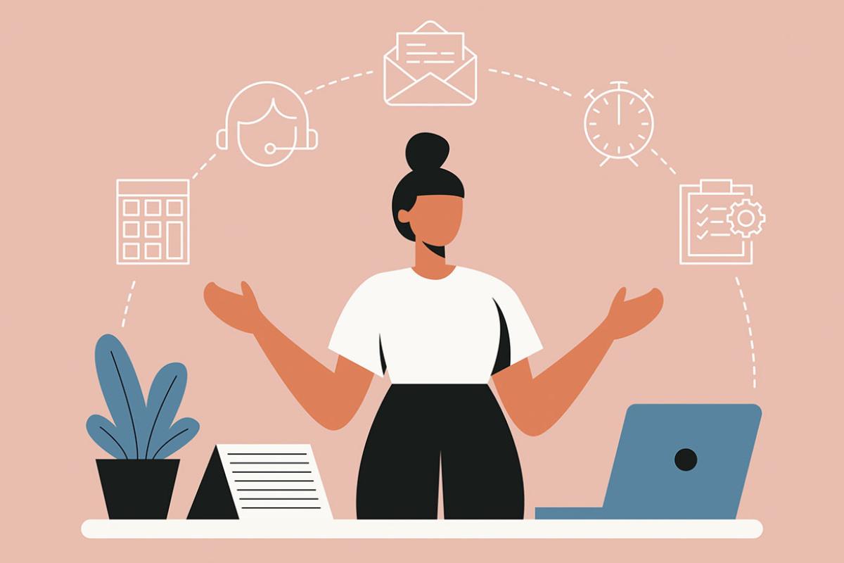 Figure surrounded by everyday office icons