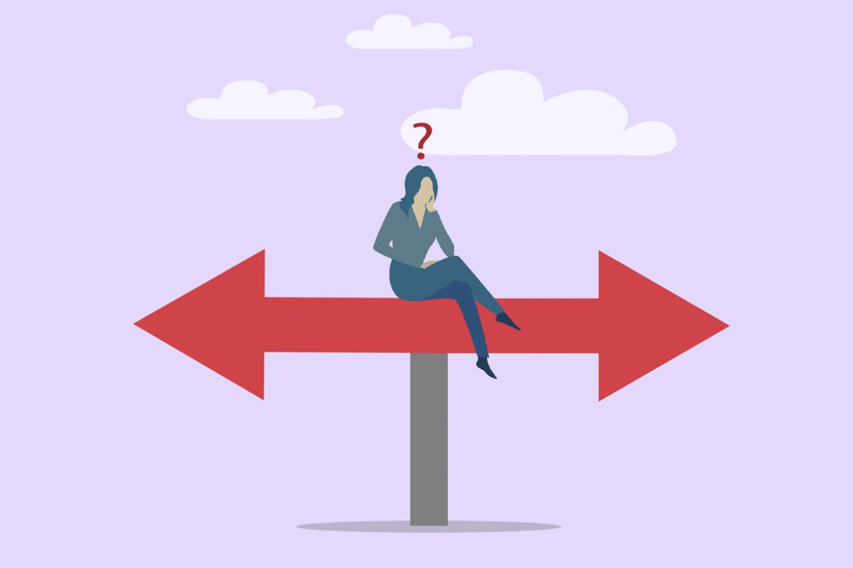 Figure sits on an sign with opposite facing arrows
