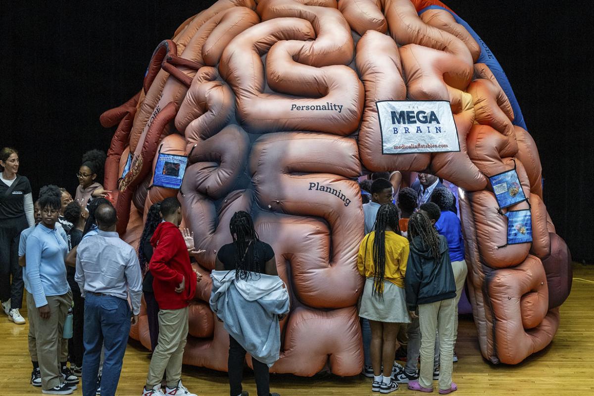 Students are guided through a giant brain by members of the American Society of Black Neurosurgeons
