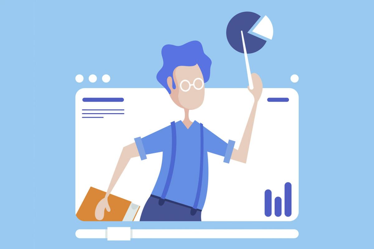 Figure on a laptop points to a bar chart