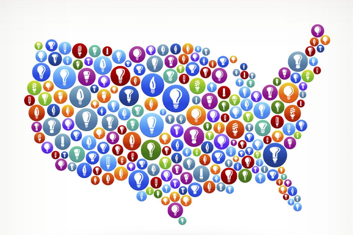 Light bulbs make up a map of the United States