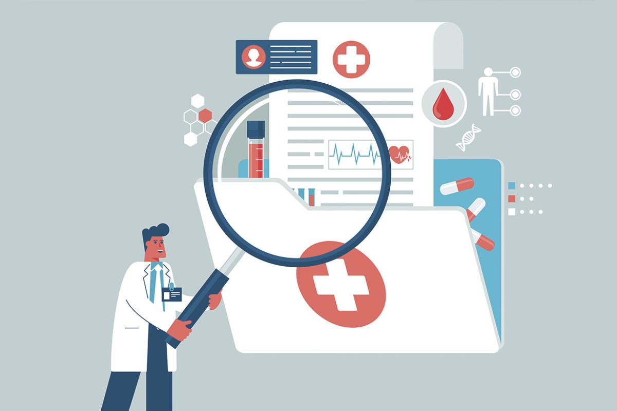 Doctor with magnifying glass over health care data and icons