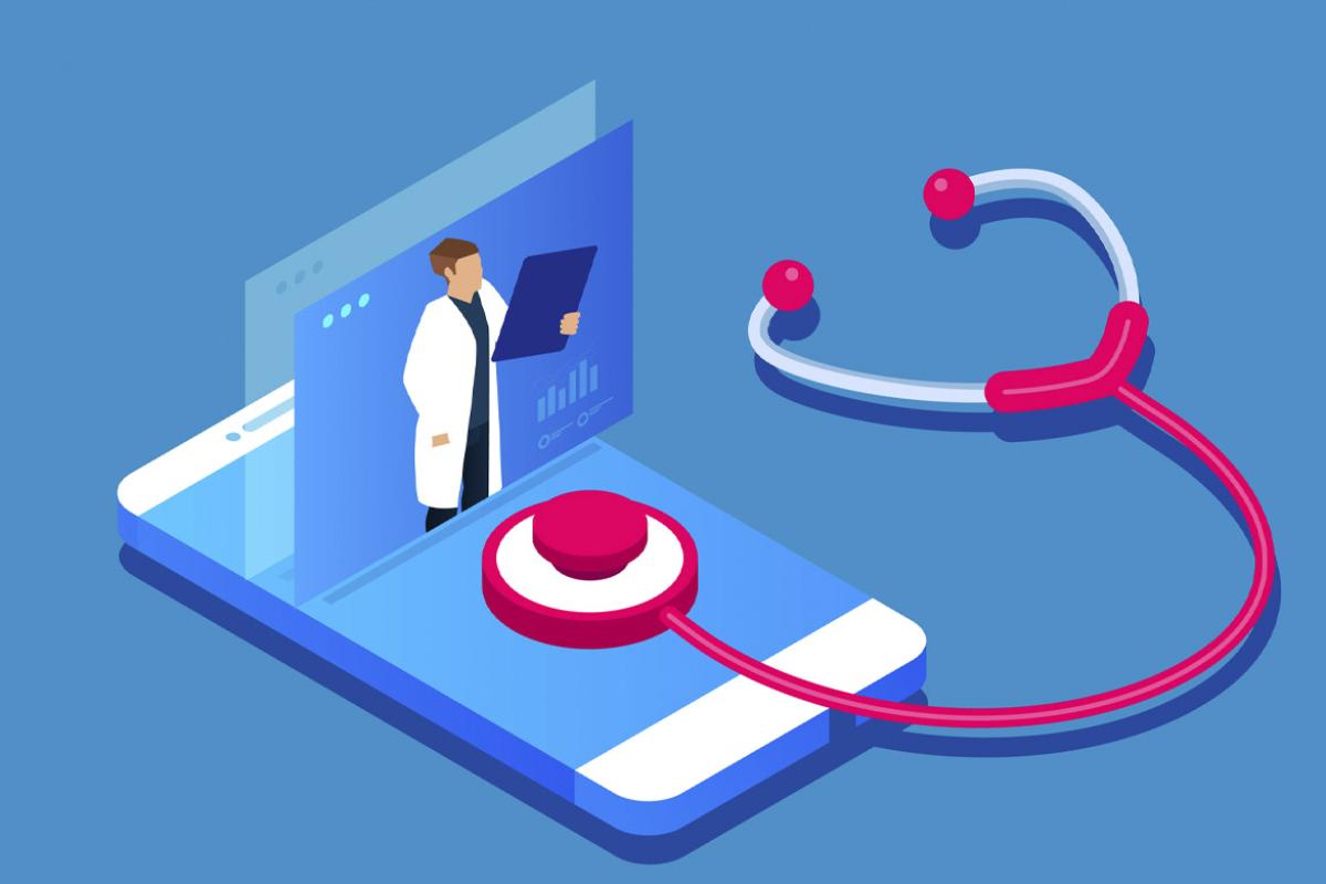 Figure of a physician emerges from a smartphone