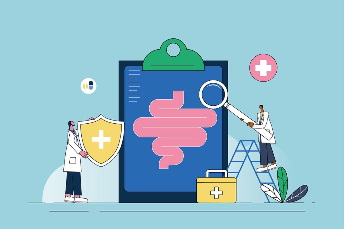 Two figures around a giant clipboard with health care symbols
