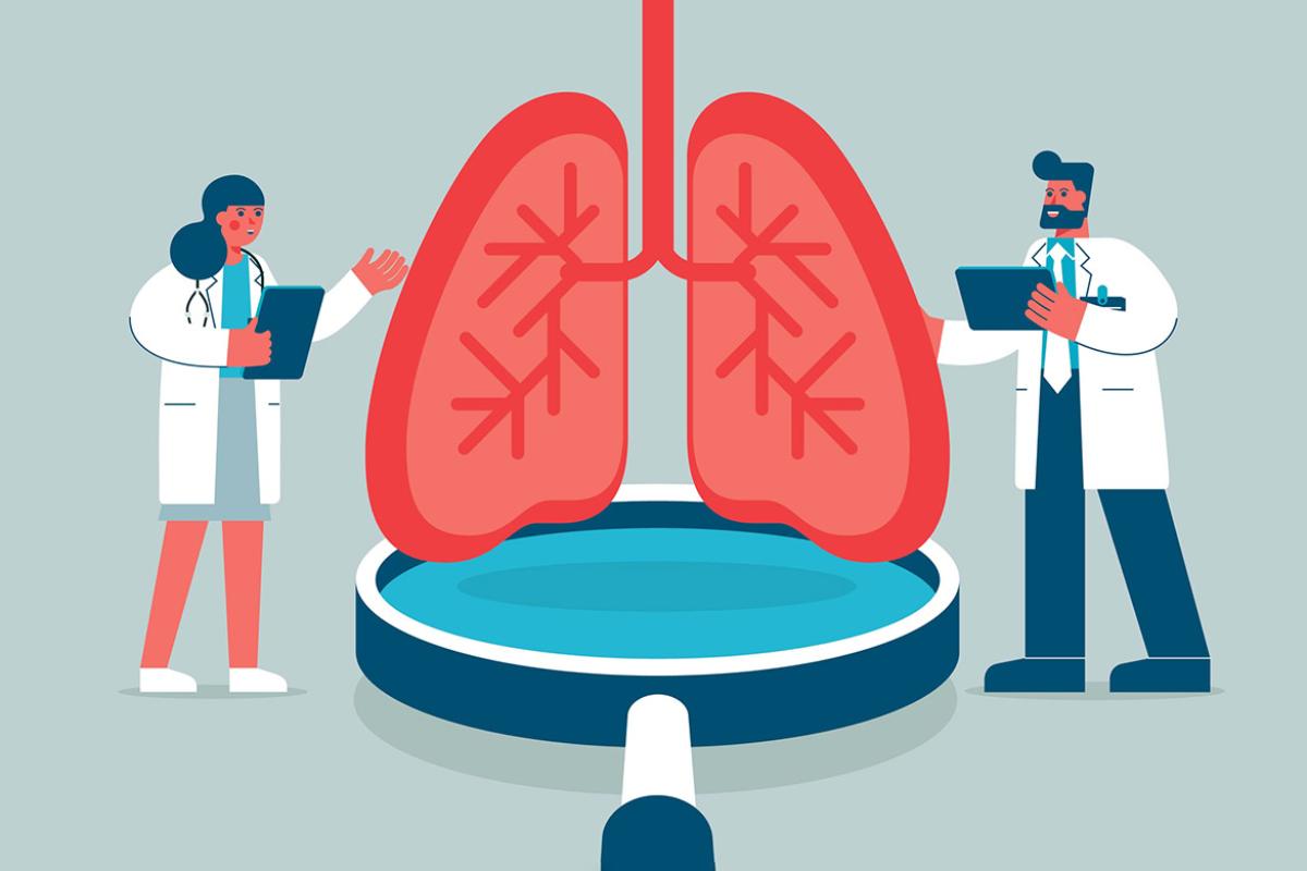 Doctors examine giant lungs over a magnifying glass