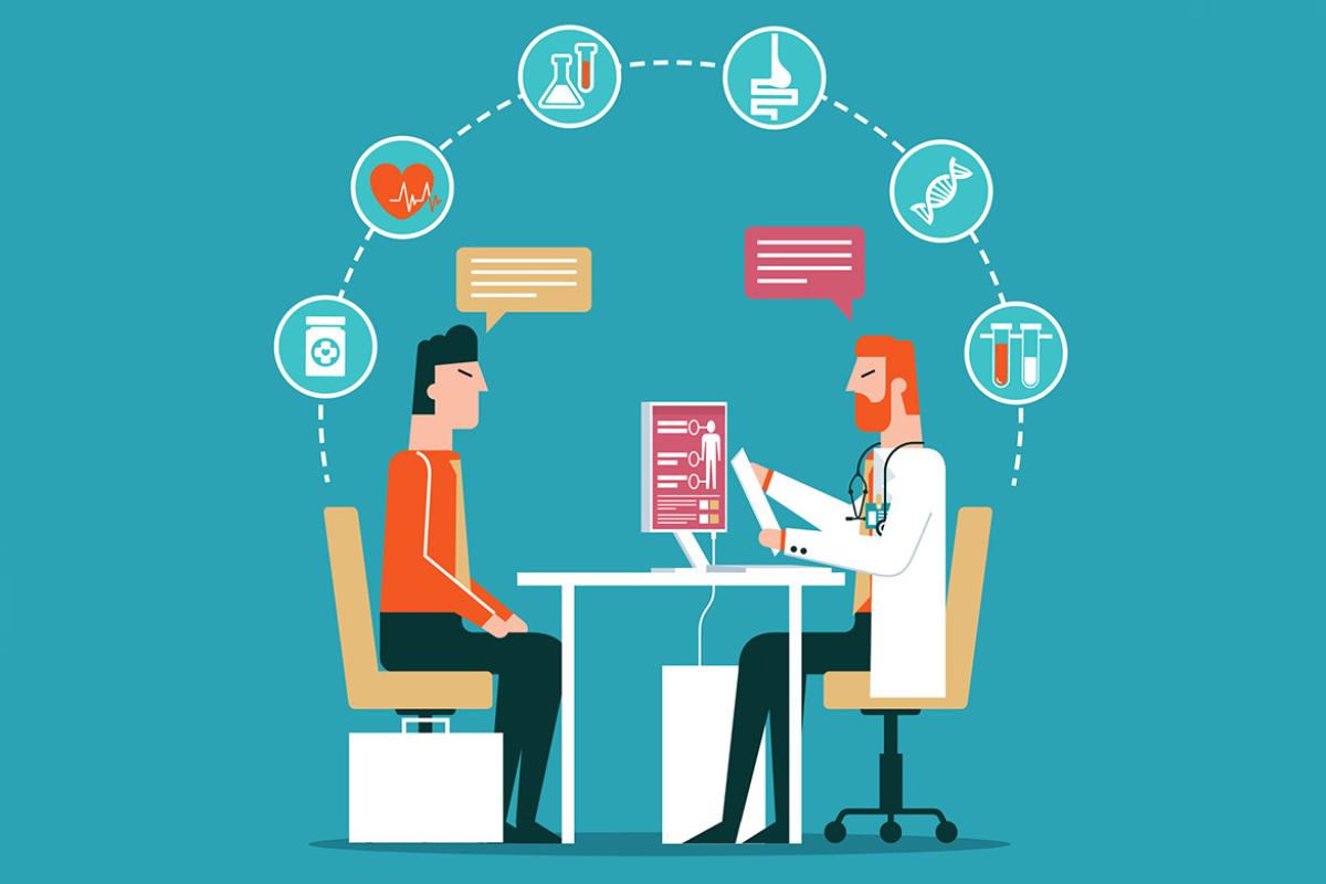 Doctor and patient surrounded by health care icons