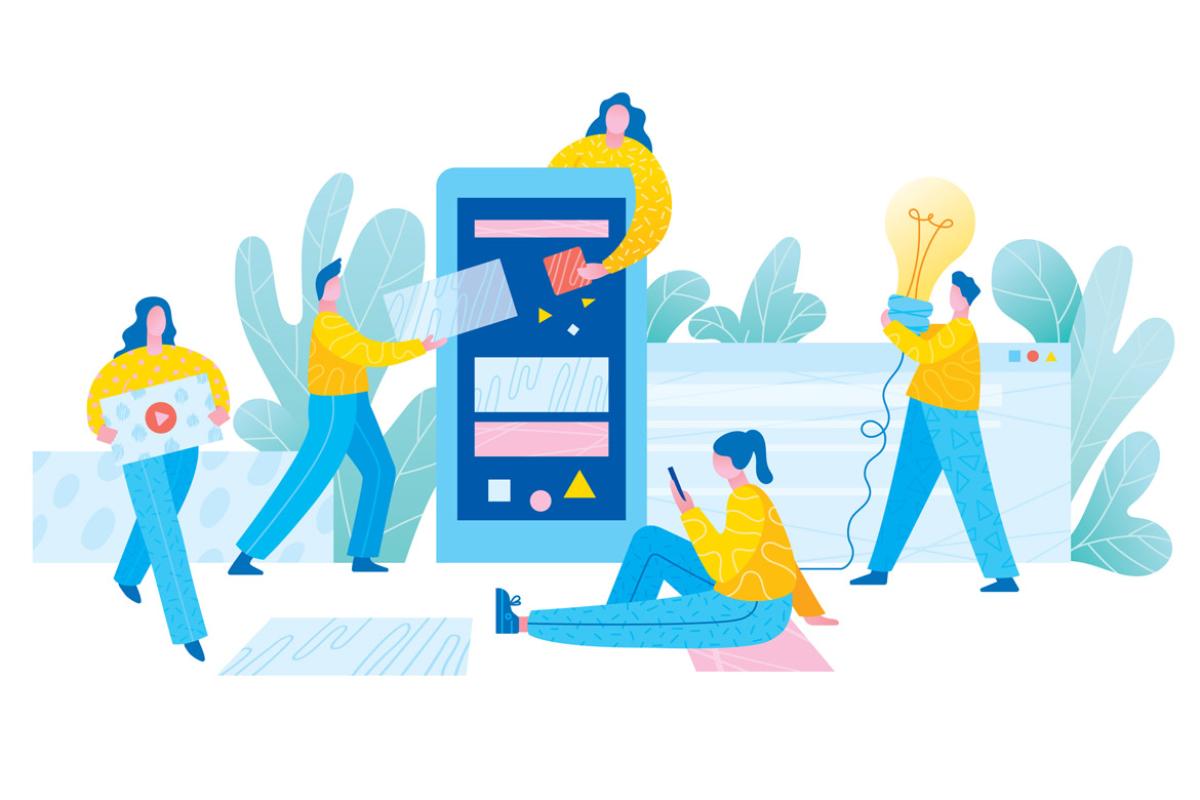 Figures collaborate with multimedia icons