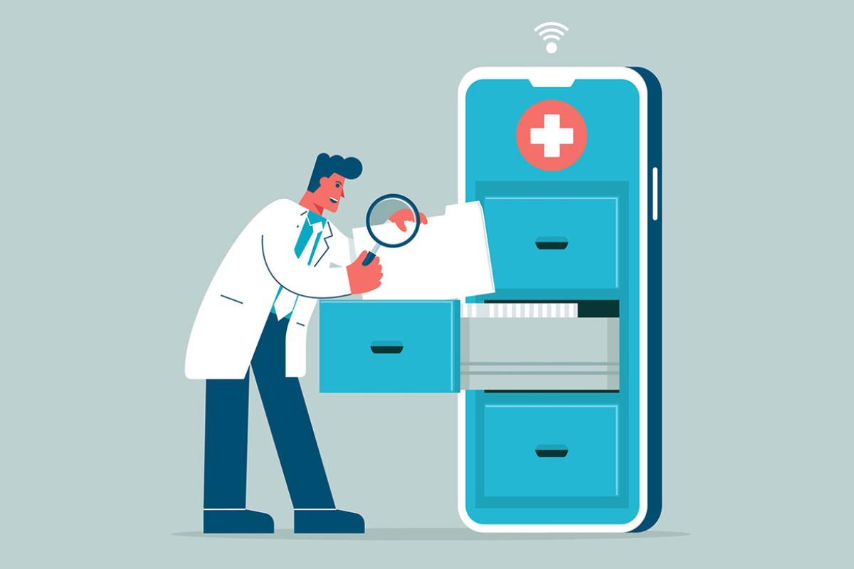 Physician holds a magnifying glass over a file cabinet