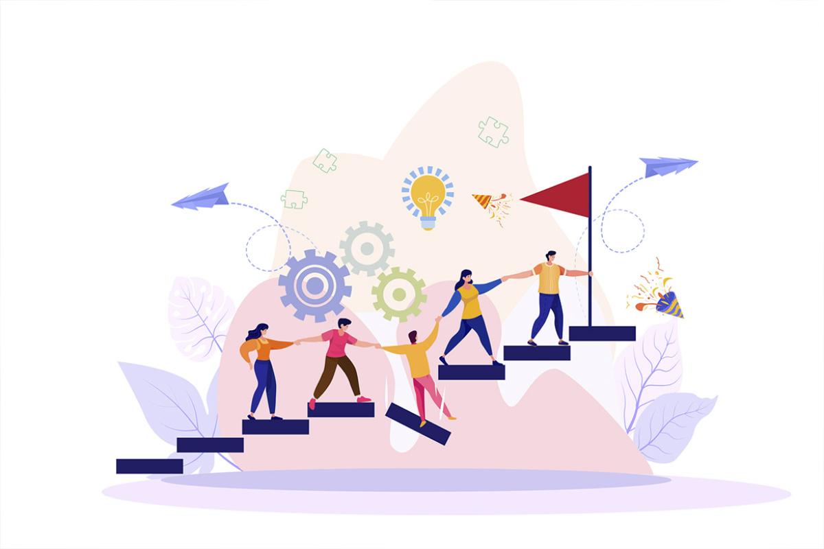 Figures working together to advance 