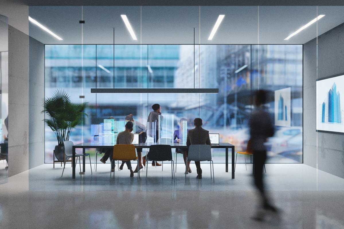 Group of people working in a conference room with augmented reality interface