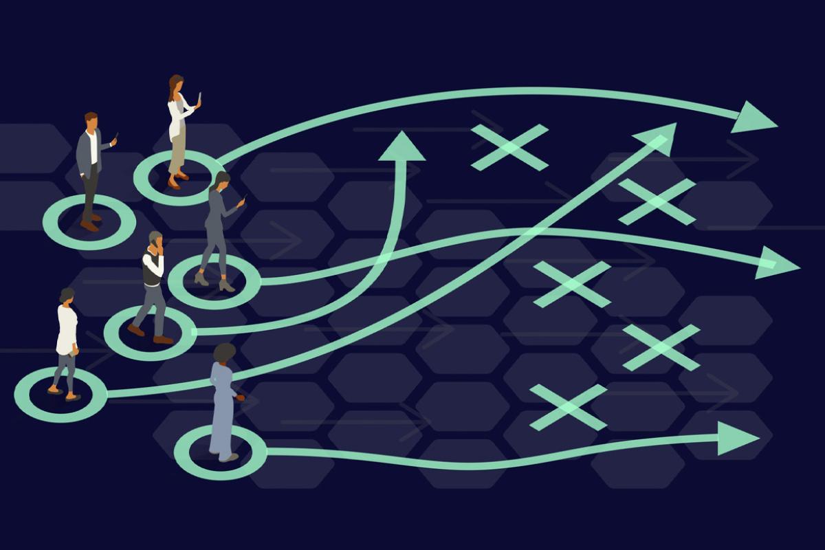 Figures stand on a sports-inspired game planning chart, with X and O shapes and curved overlapping arrows