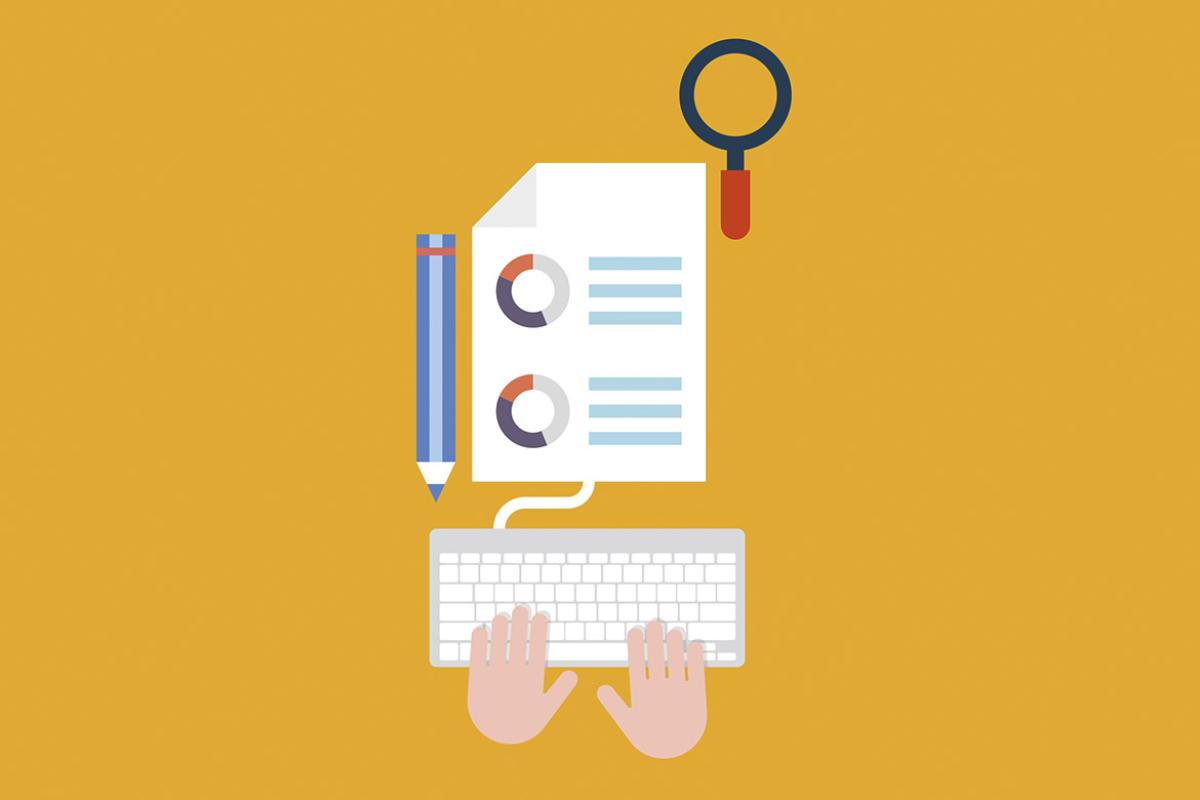 Laptop, pencil, magnifying glass and form