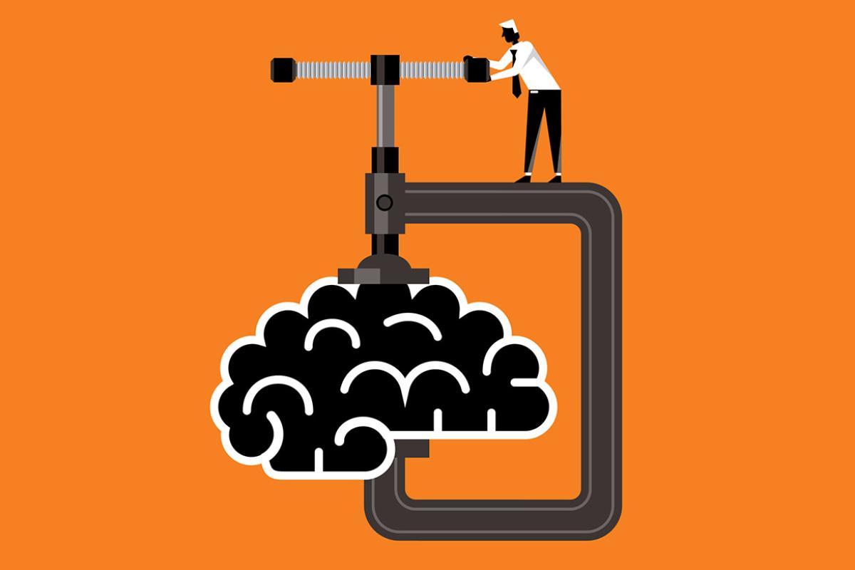 Figure with a large screw press on a brain