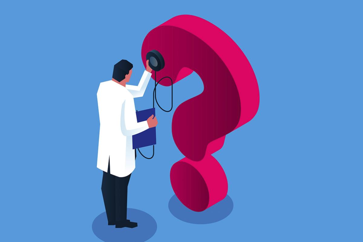 Figure of a doctor examining a giant question mark