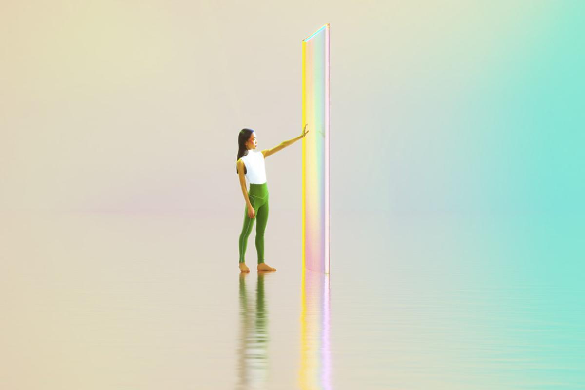 Figure touches multicolored door