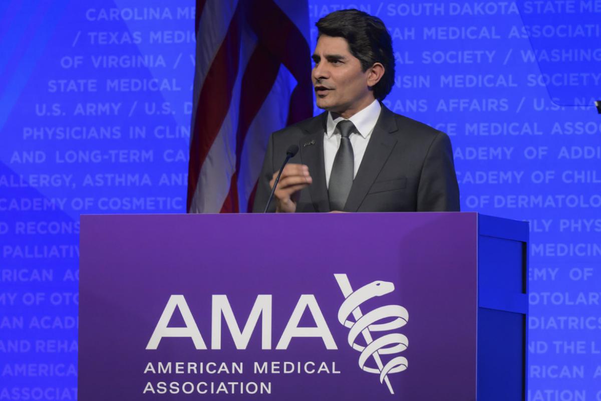 AMA President Bobby Mukkamala, MD, speech at 2025 AMA Interim Meeting (lapel pin)