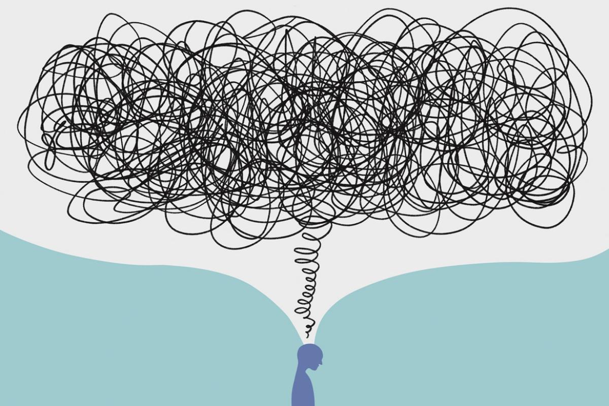 Profile with scribbles in a speech bubble overhead