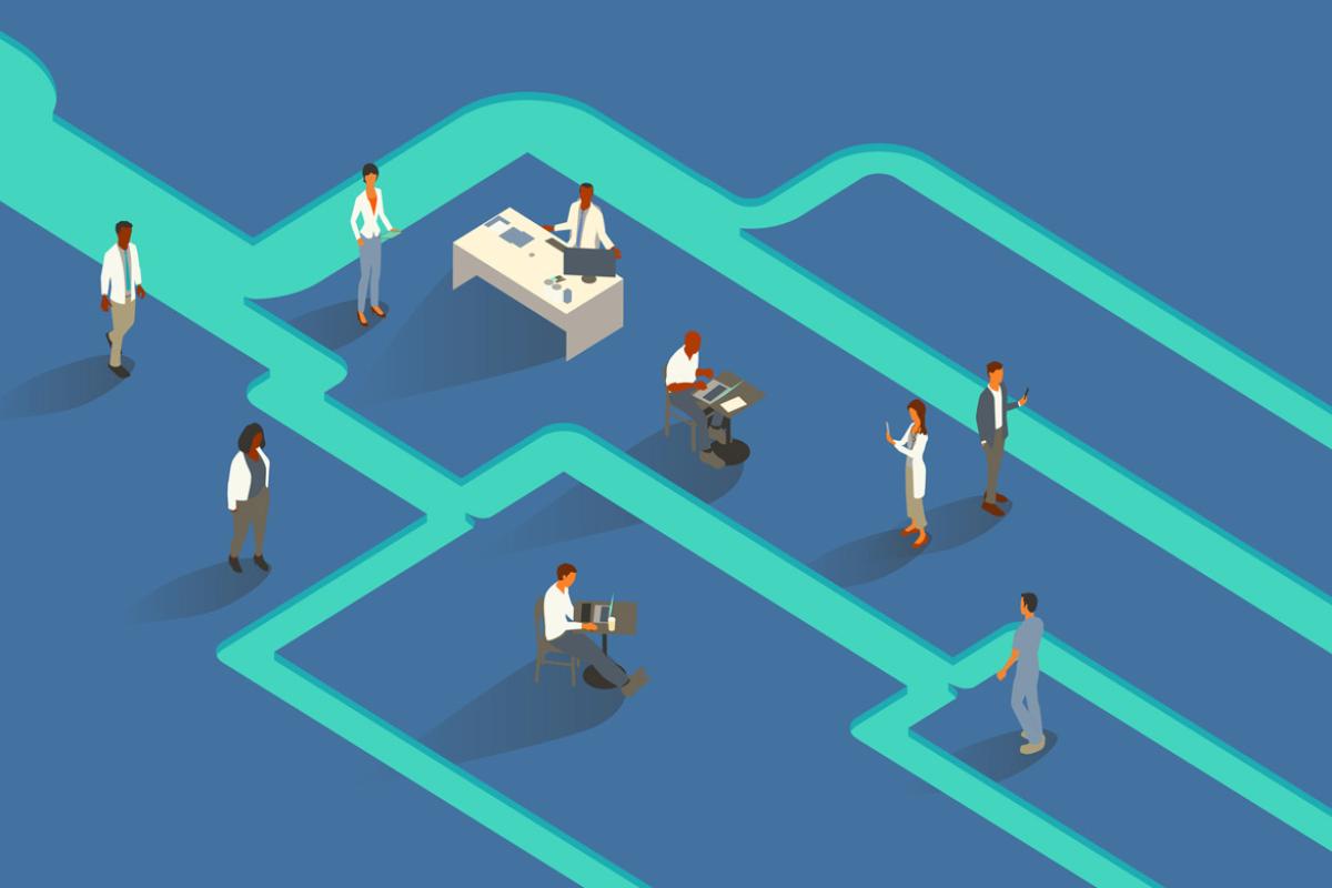 A group of health care workers gather around within a flowing river of light