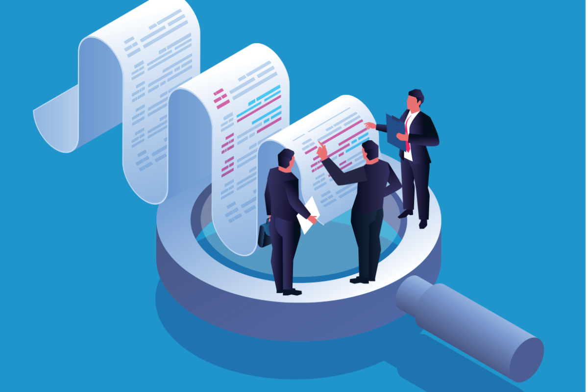 Figures on a giant magnifying glass look at a document