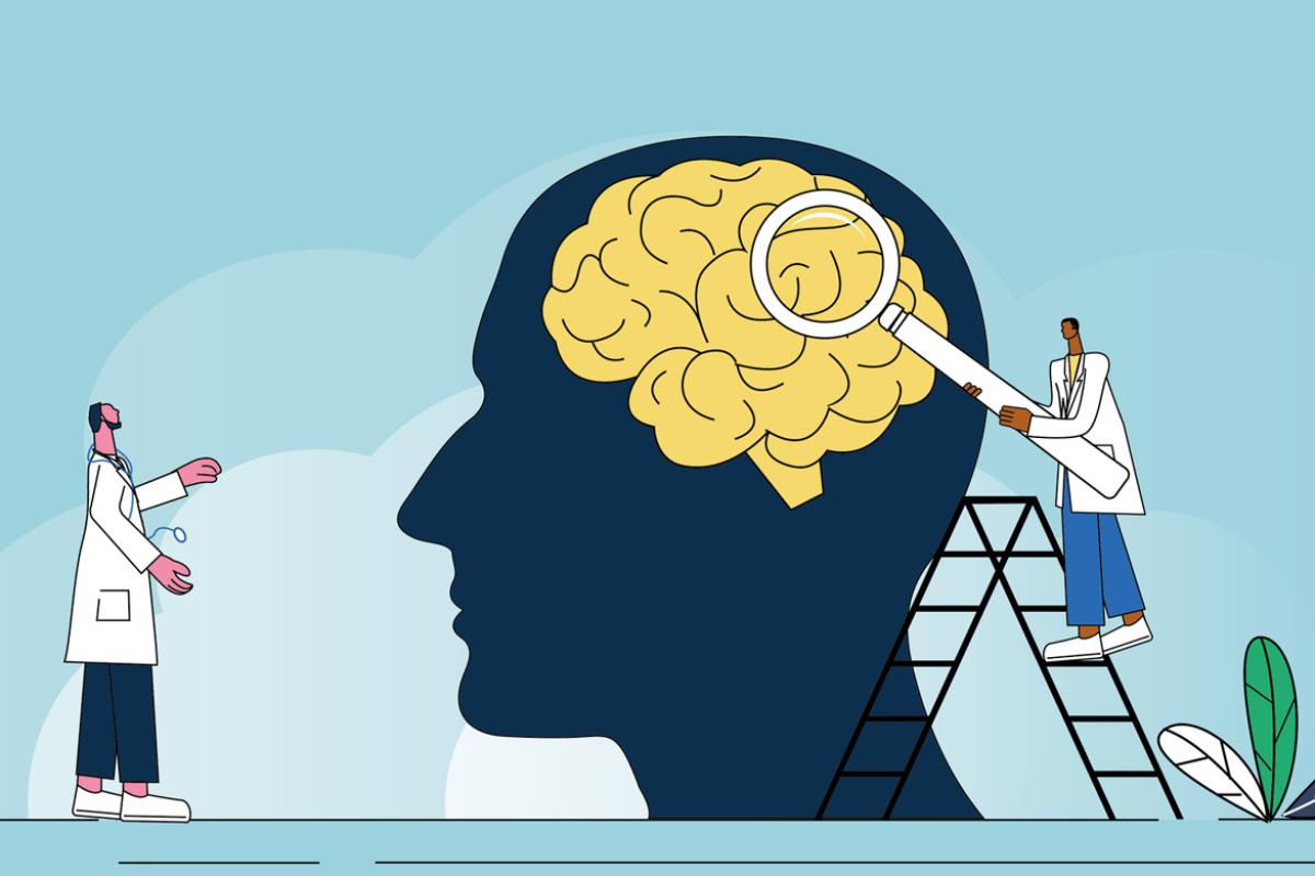 Two figures examine a giant brain