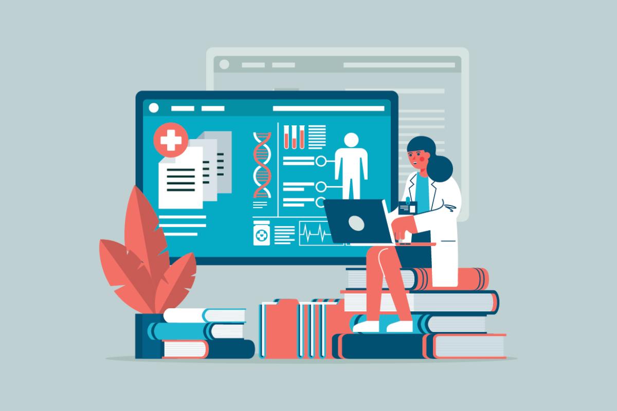 Figure sits on a stack of books alongside health data