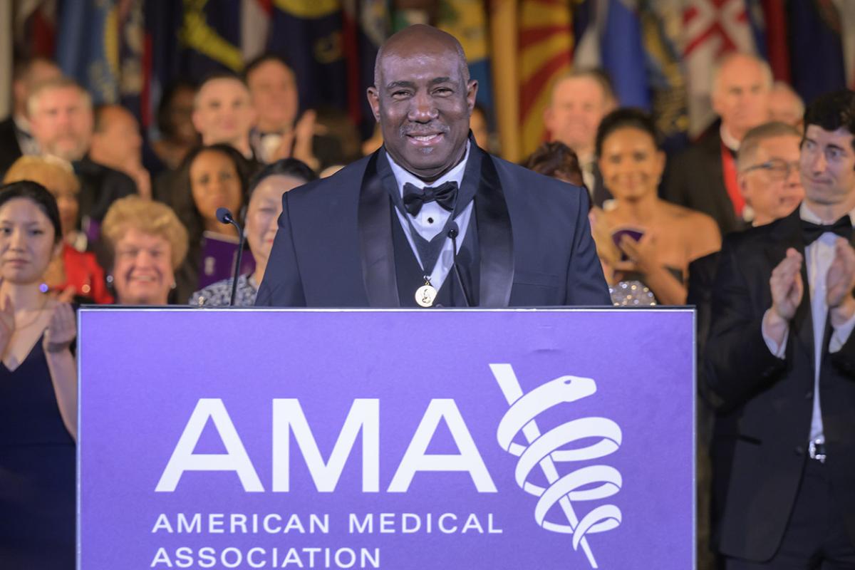 AMA President Willie Underwood III, MD, MSc, MPH, speech at 2026 AMA Annual Meeting inauguration smiling (Index)