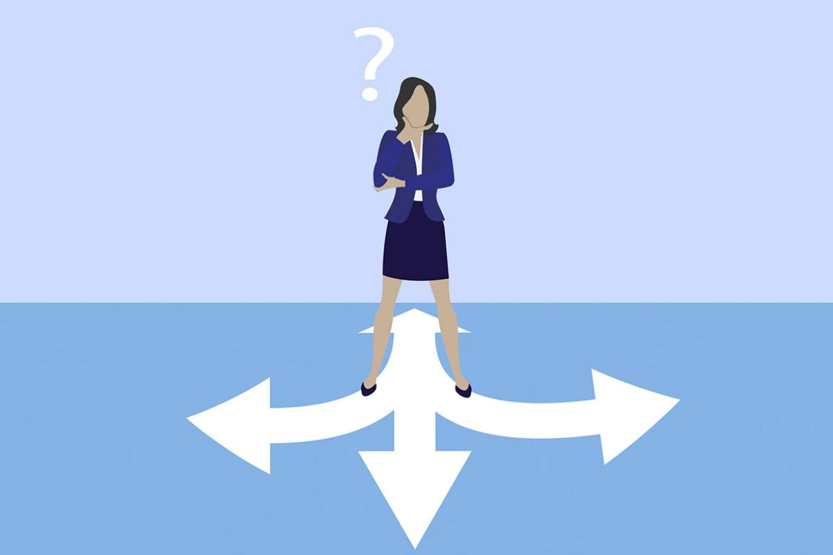 Figure stands in front of arrows pointing in different directions
