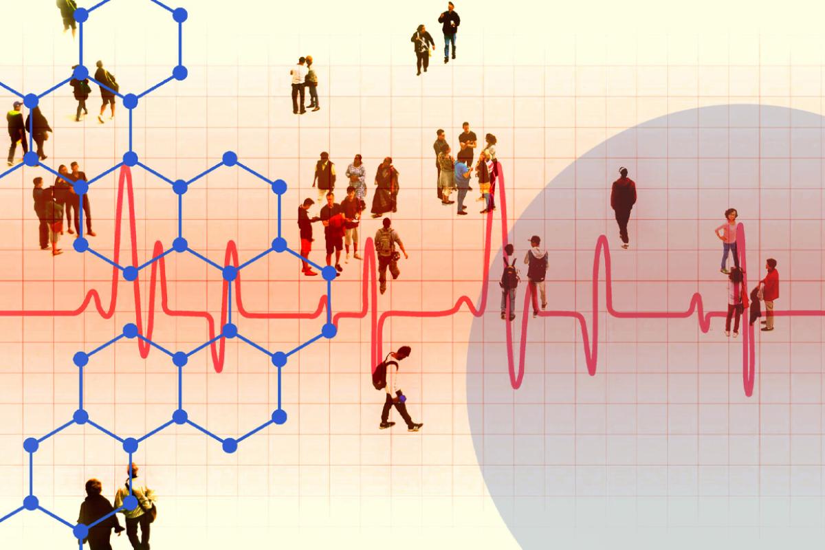 People and heartbeat graph with hexagons
