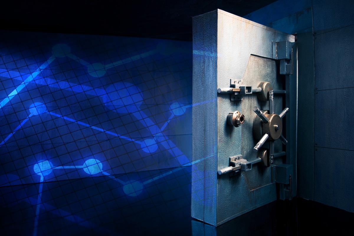 Heavy steel vault door protecting savings.