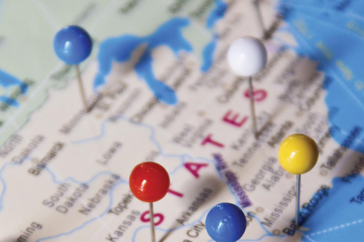 Pins stuck in map of the United States