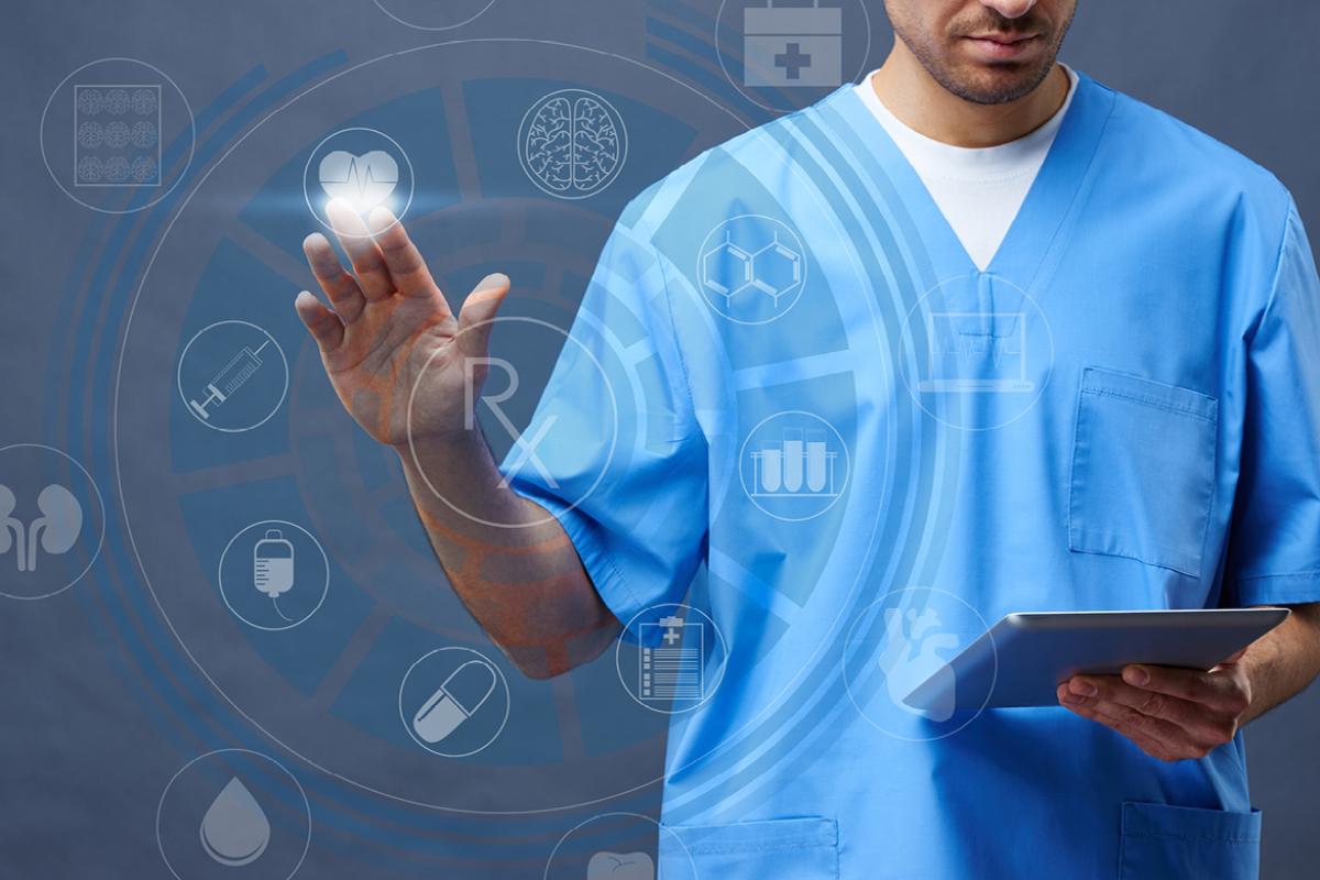 Physician using tablet and digital app for caregiving. 