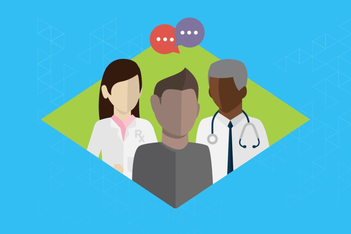 Vector image of physician, patient and pharmasist. 