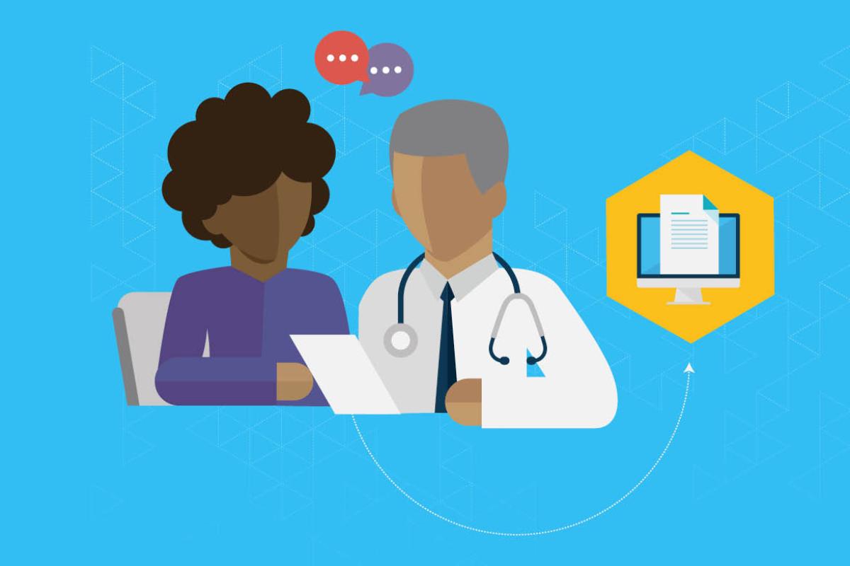 Vector image of physician and patient with computer records. 