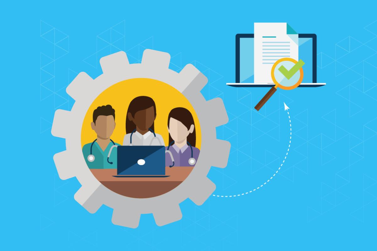 Steps Forward graphic of physicians connecting with a computer.