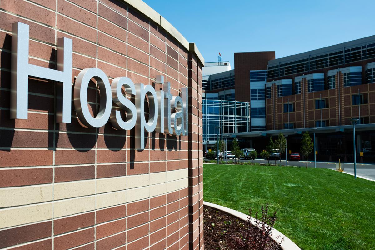Exterior of modern hospital. 
