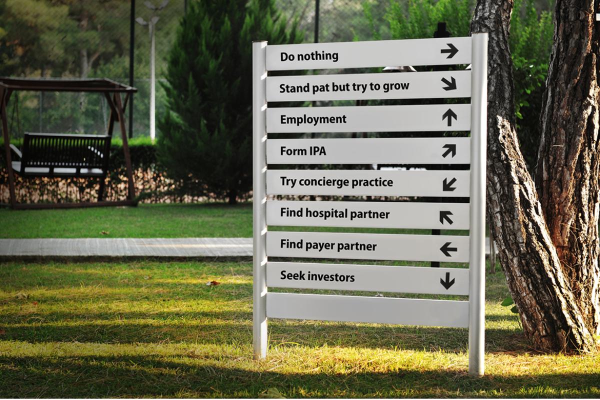 Roadsign with arrows pointing in eight different directions.