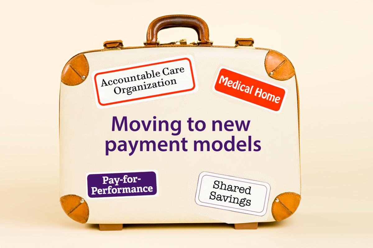 Suitcase that reads 'Moving to new payment model.'