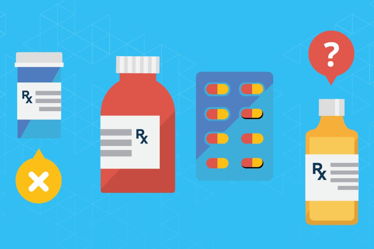 A bottle of liquid medication and one sheet of eight pills