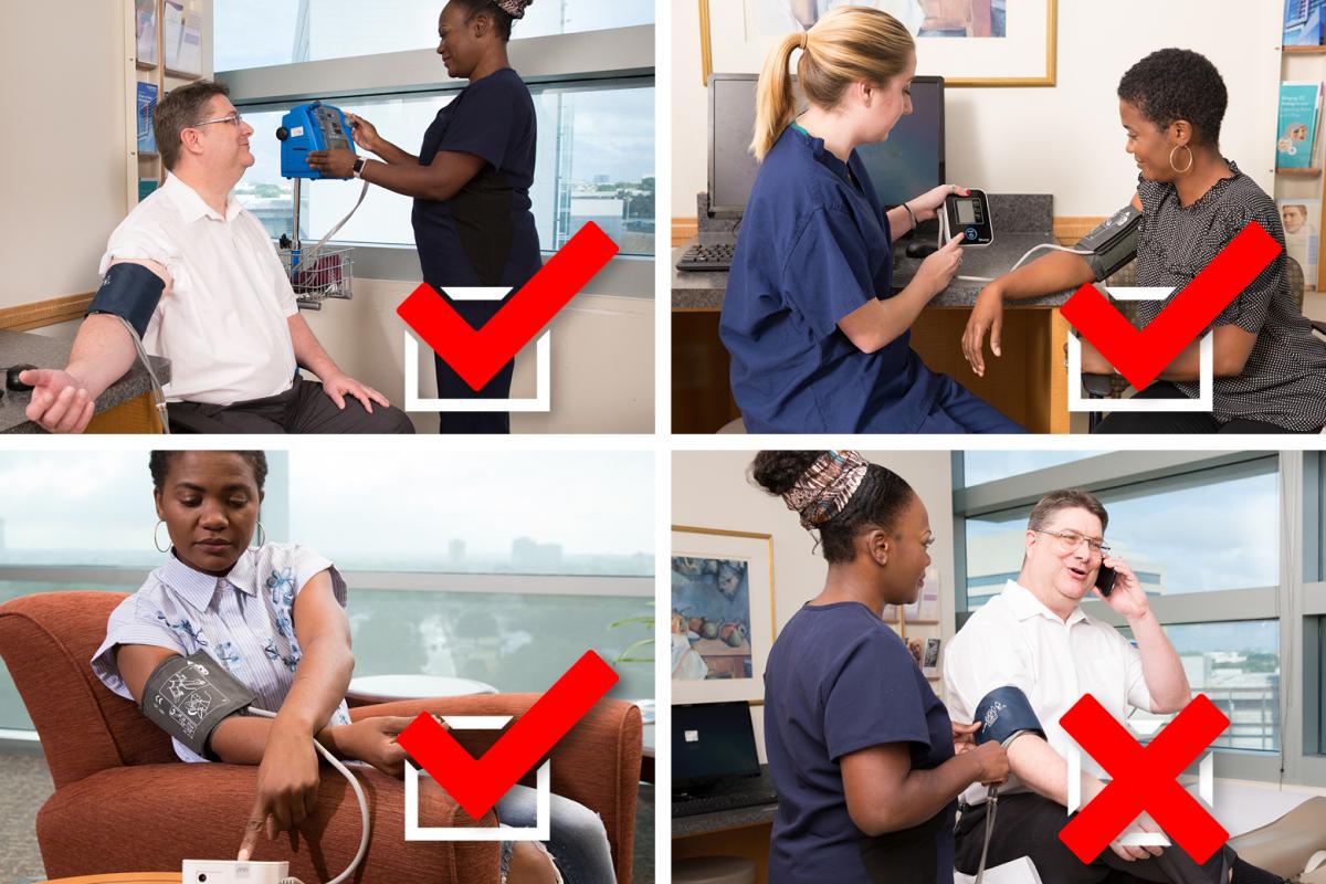 Two medical technicians demonstrate the correct and incorrect way to take blood pressure