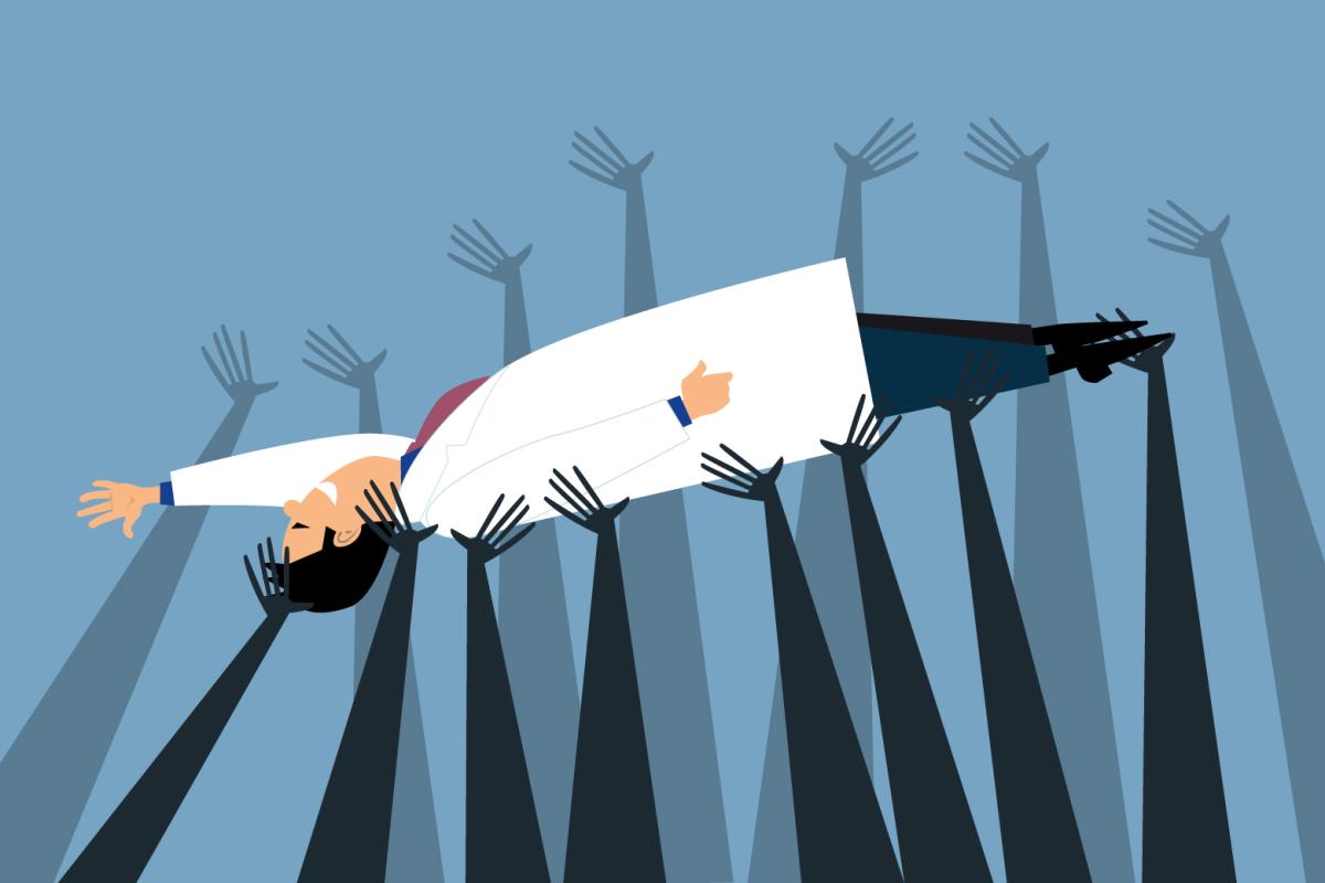 Cartoon picture of a doctor being held up horizontally by a number of hands.  