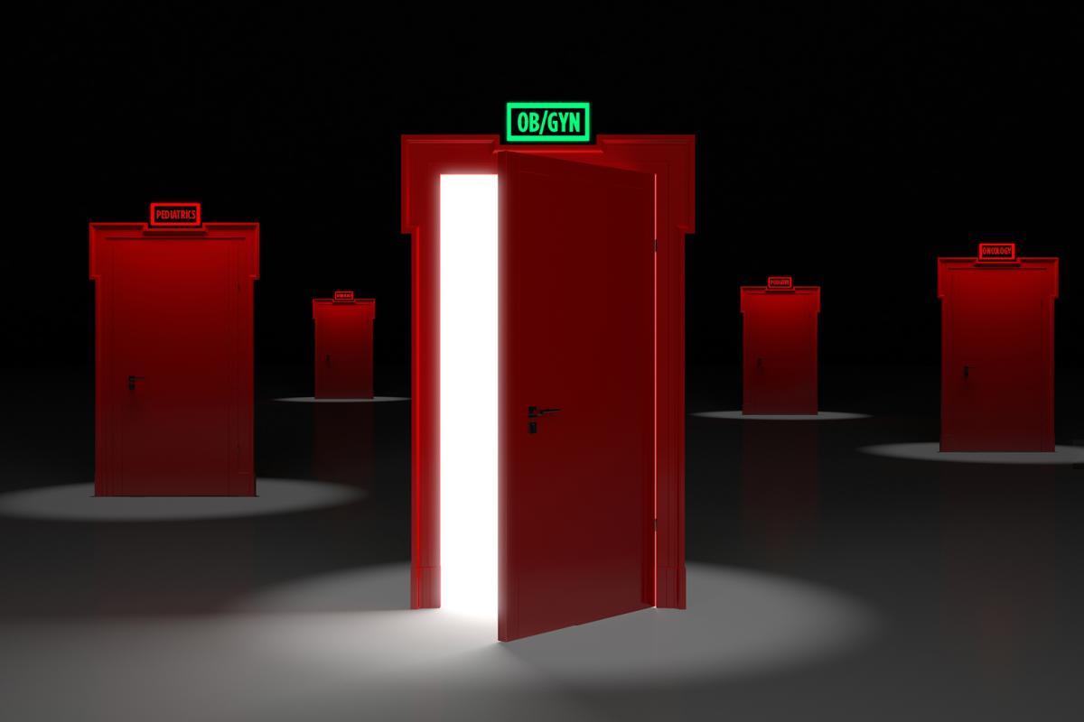 A series of red doors in a dark room. One has light coming from it and the title "OB GYN". 