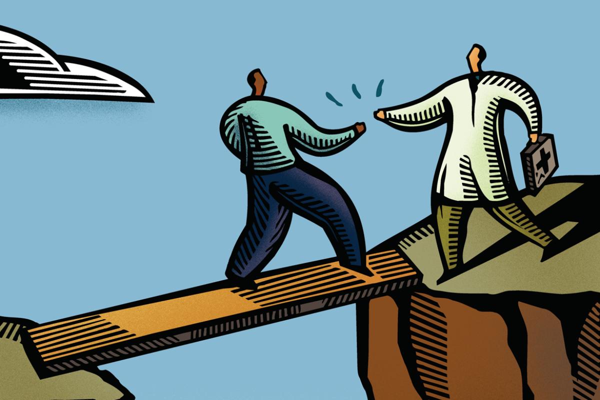 Cartoon picture of a doctor helping a patient cross a bridge.