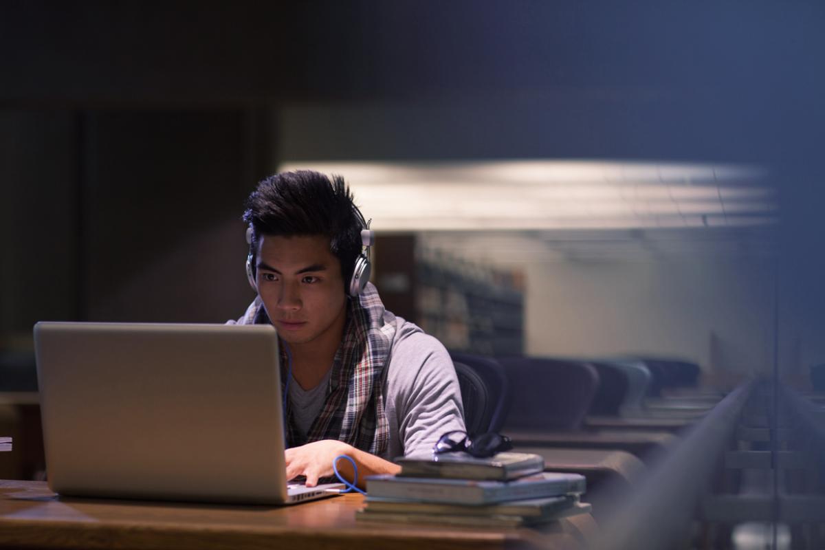 Student reviews information on computer in library.